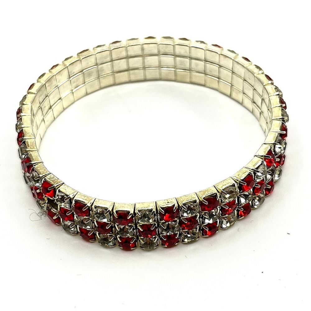 Vintage Gold Tone 3-Row Red & Clear Rhinestone Stretch Contour Bracelet Boho Y2K